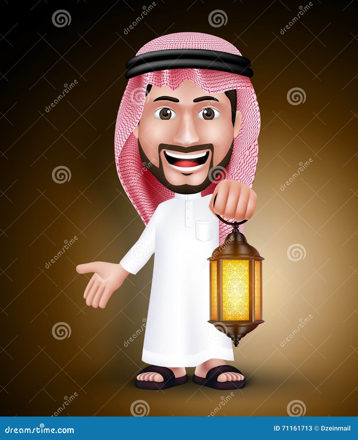 saudi arab man wearing thobe holding lantern for ramadan