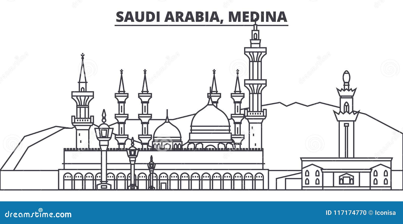 Saudi Arabia, Medina line skyline vector illustration. Saudi Arabia, Medina linear cityscape with famous landmarks, city