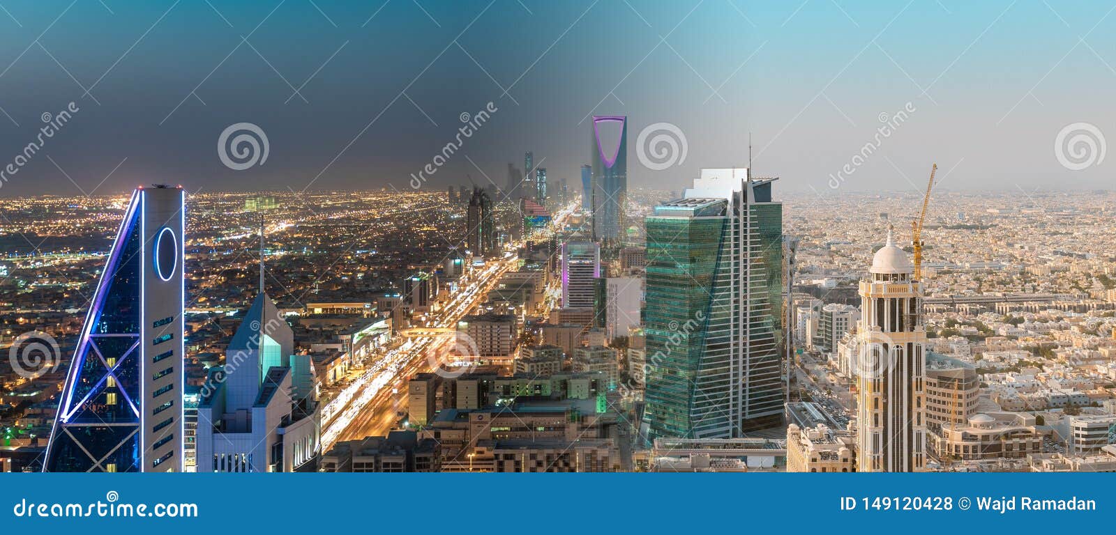 Saudi Arabia Riyadh Landscape between Day and Night - Riyadh Tower Kingdom Kingdom Tower, Riyadh Skyline - Burj Al-Mamlaka Editorial Stock Photo - Image of highway, daylight: 149120428