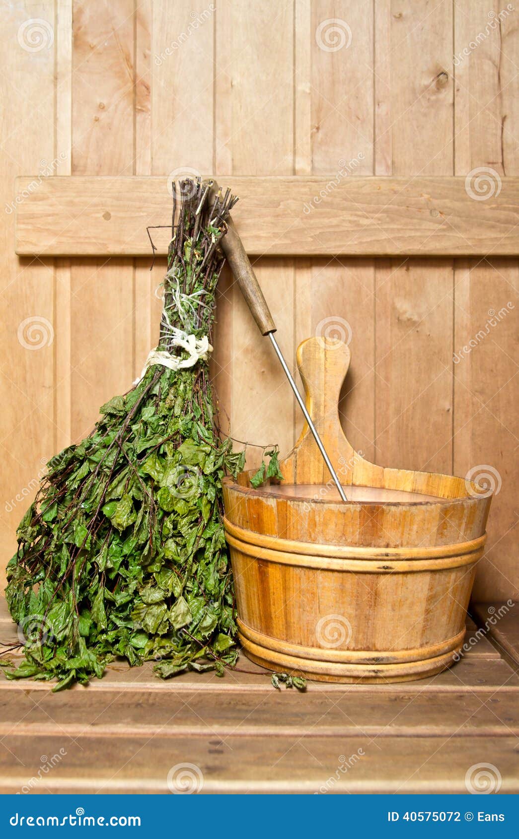 Sauna broom and bucket stock photo. Image of heat, broom 40575072
