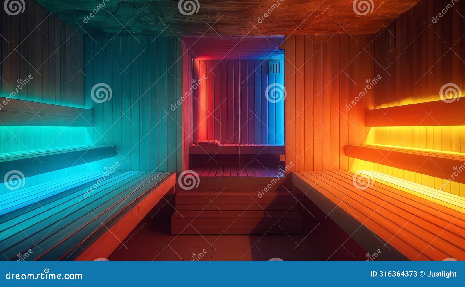 the sauna room gradually changing colors from warm oranges and reds to calming blues and greens.