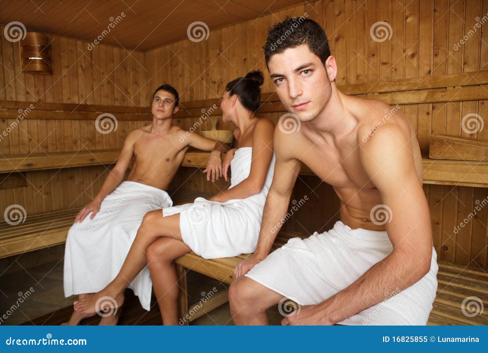 Sauna Spa Therapy Young Group In Wooden Room Stock Image Of.