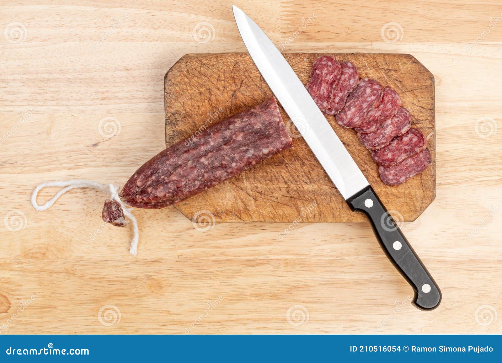 Sausage Cut on Wooden Plank with Knife Stock Photo Image of cord