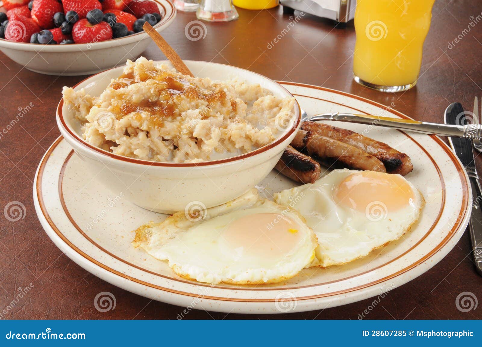 Sausage and Eggs with Oatmeal Stock Image Image of strawberries