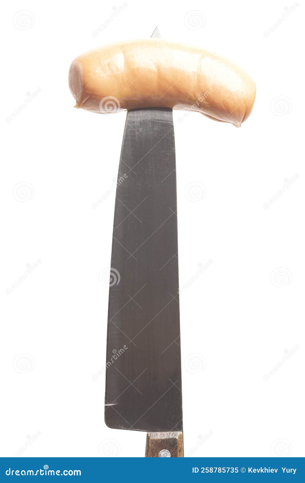Sausage on a Kitchen Knife Isolated on White Background Stock Image