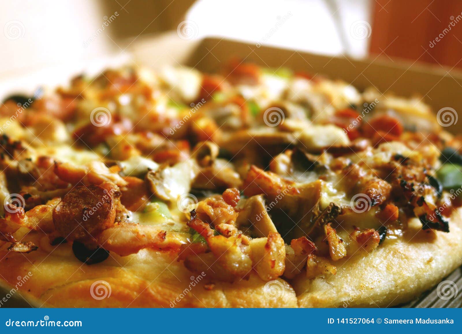 Sausage Pan Pizza Close up stock photo. Image of layer 141527064