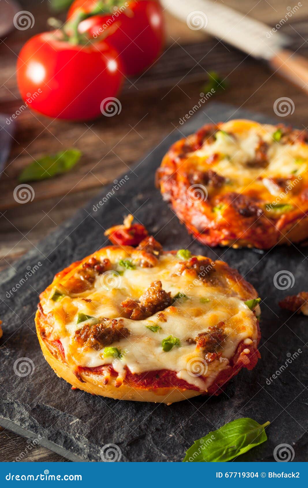 Sausage and Pepper Pizza Bagels Stock Photo Image of bread, cheese