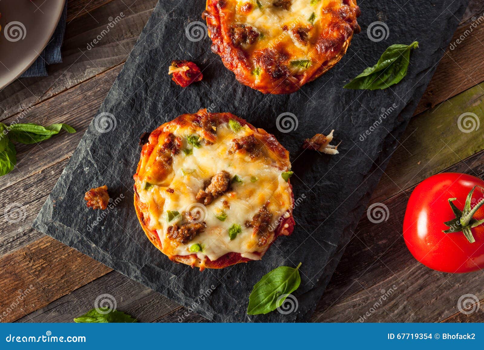 Sausage and Pepper Pizza Bagels Stock Photo Image of pastry
