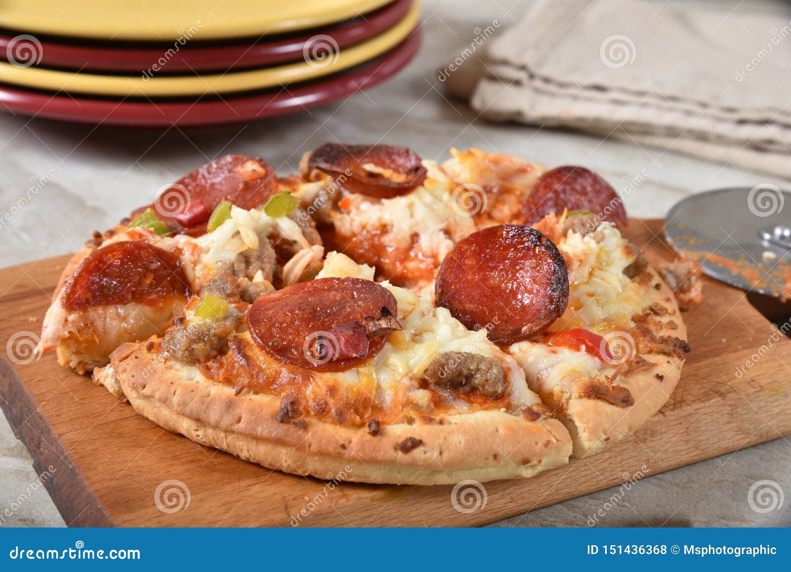 Sausage and Pepperoni Pizza Stock Photo - Image of baked, food: 151436368