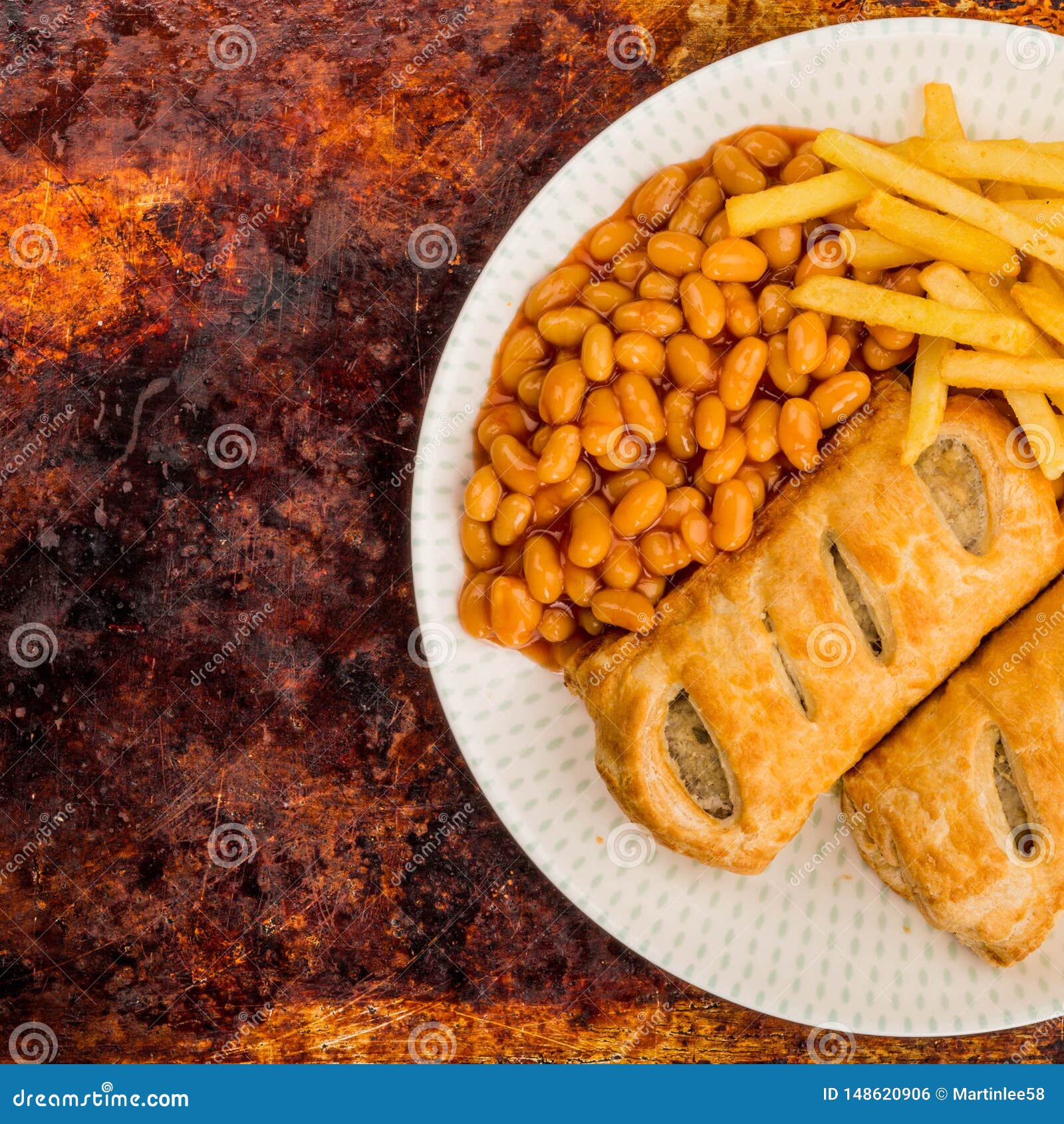 Sausage Rolls with Baked Beans and Chips Stock Photo Image of suasage