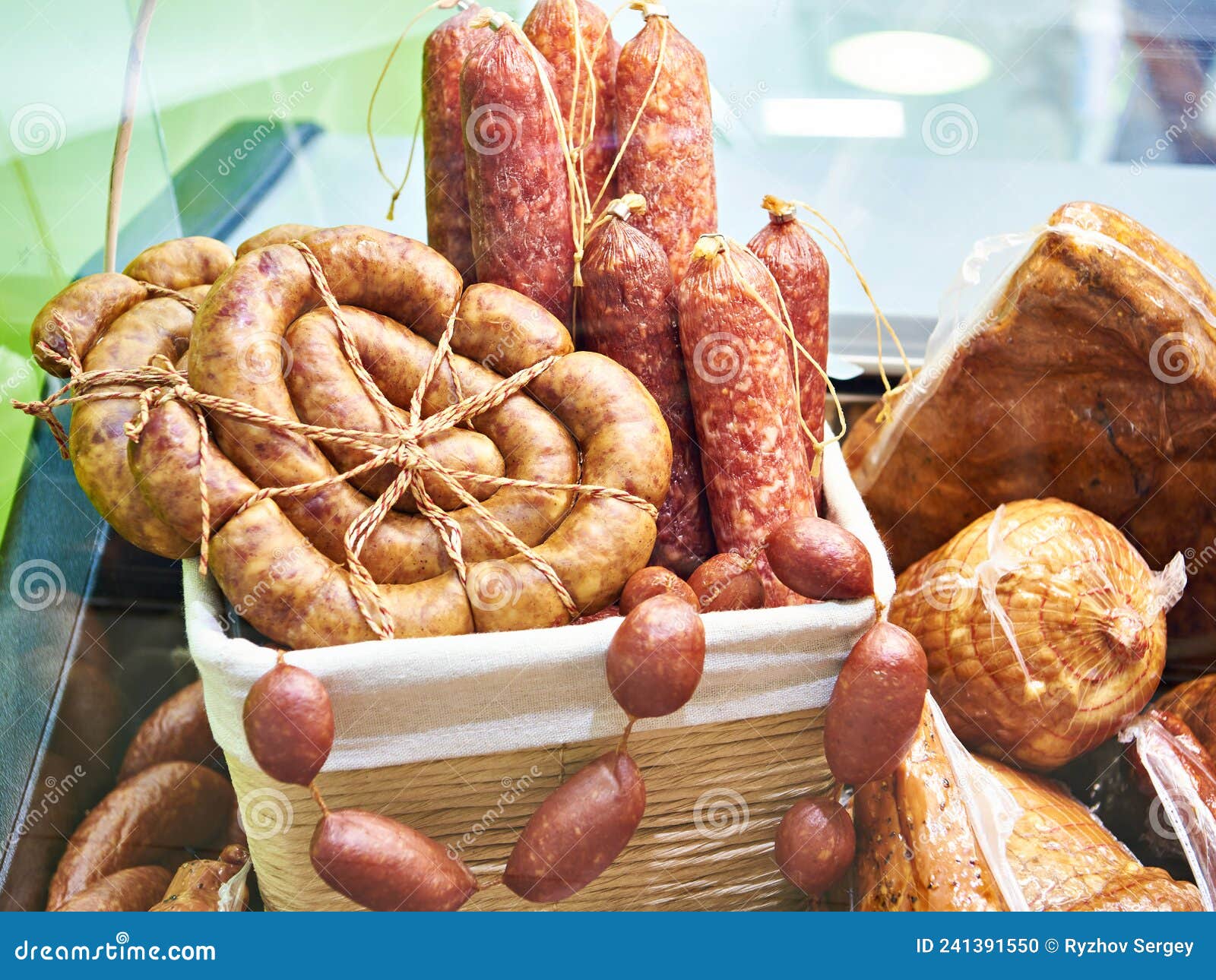 Sausage in store stock photo. Image of beef, salami 241391550