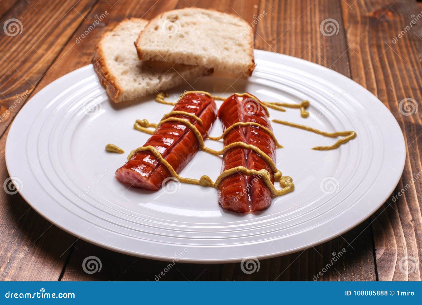 Sausages and Bread with Dijin Mustard on Plate Stock Photo Image of