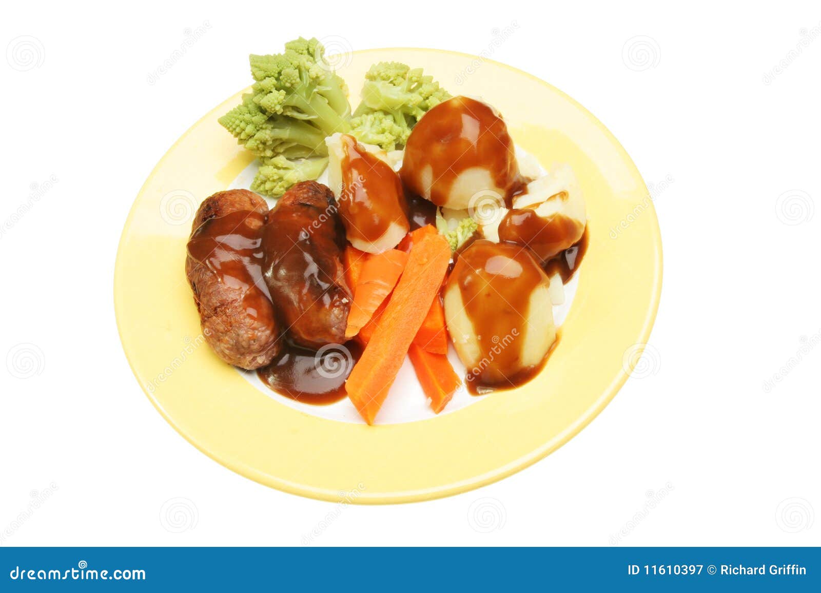 Sausages Gravy and Vegetables on Plate Stock Image Image of sausage