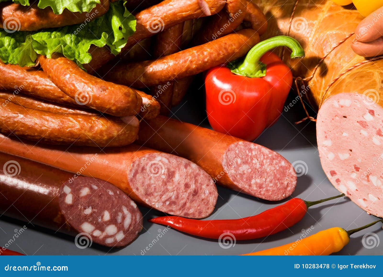 Sausages, ham and peppers stock photo. Image of pepper 10283478