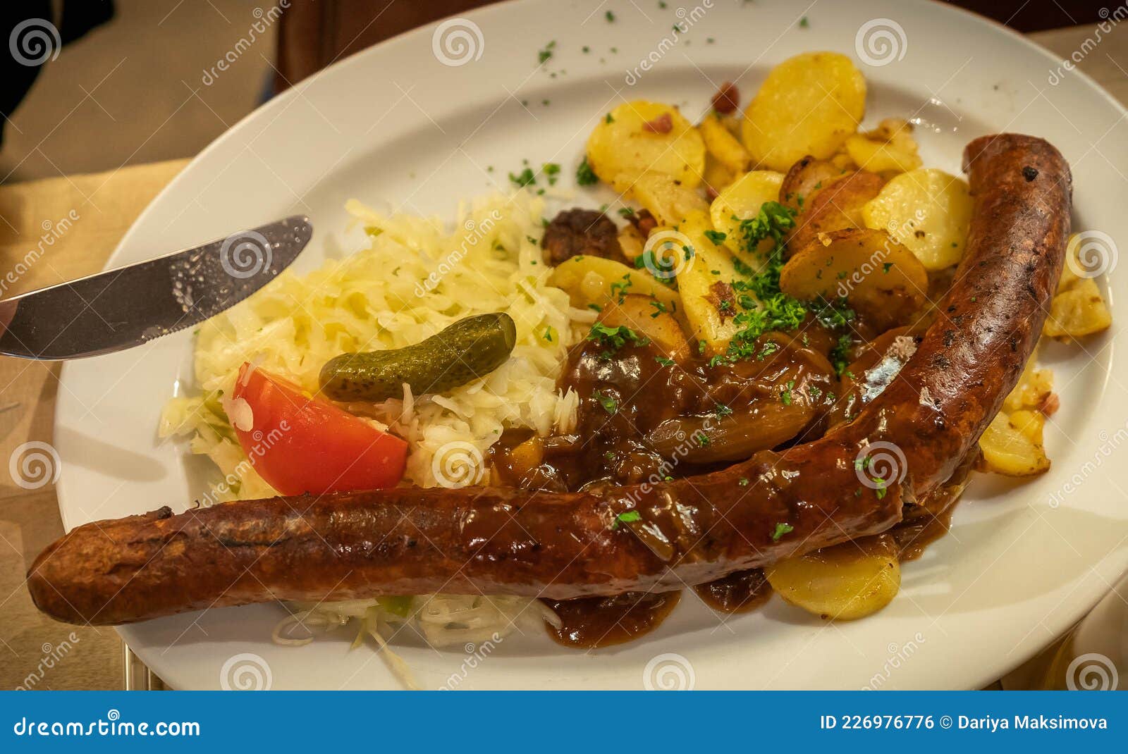 Sausages, Mashed Potatoes, Stewed Cabbage, a Traditional German Dish Stock Photo Image of meat