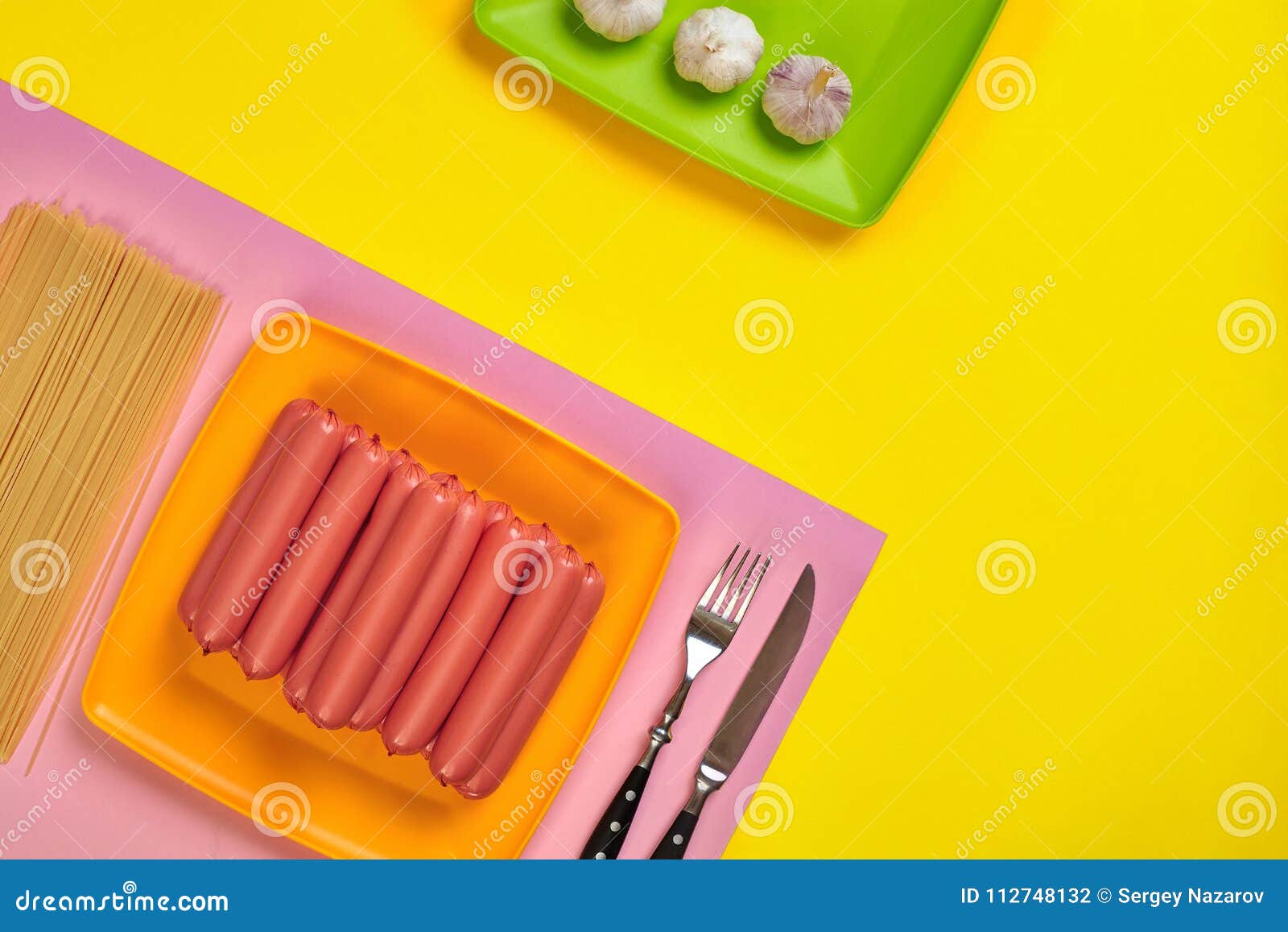 Download Sausages On A Yellow And Pink Minimal Background Flat Lay Top View Stock Photo Image Of Design Greenery 112748132 Yellowimages Mockups