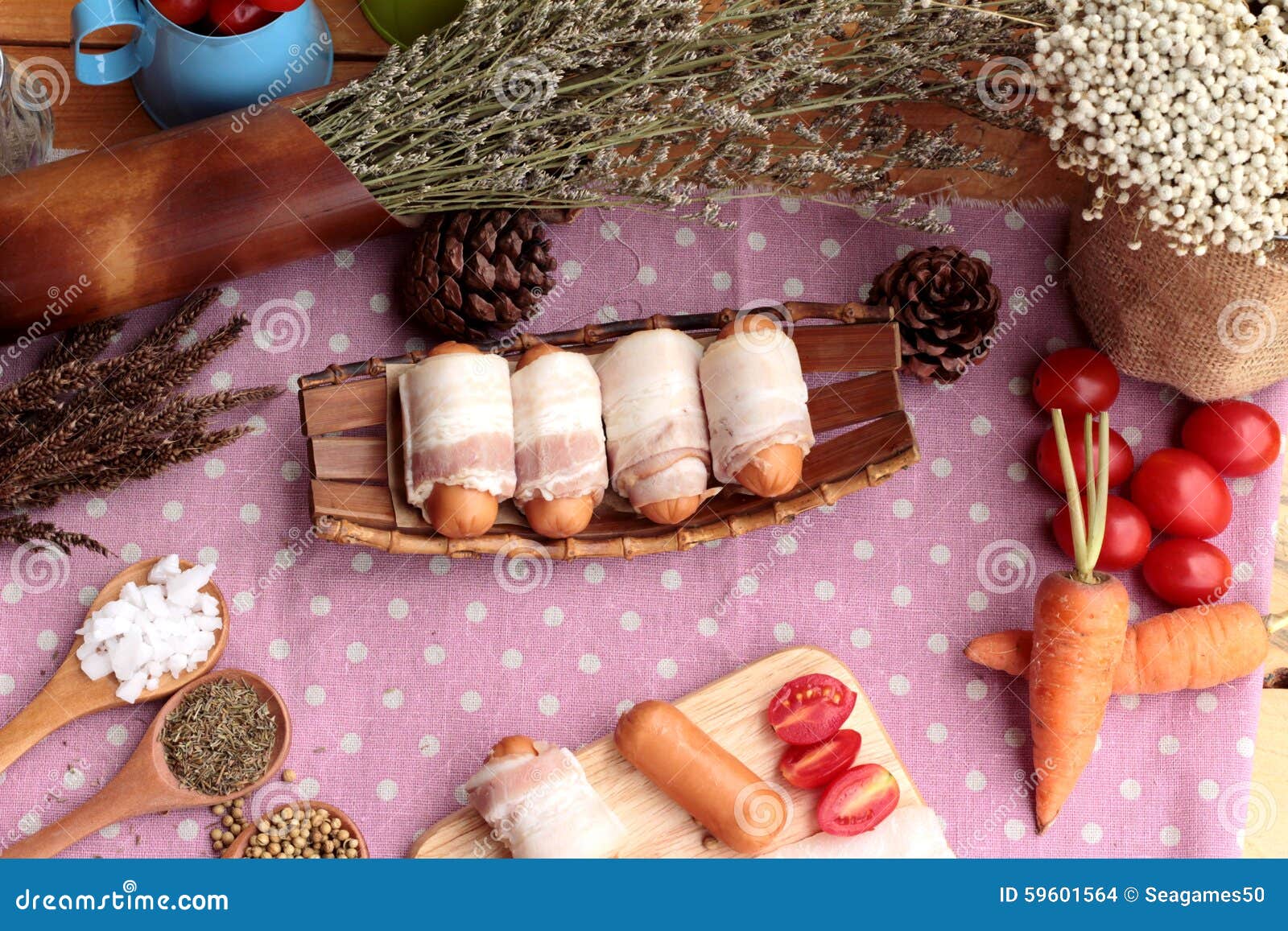 Sausages Wrapped in Raw Bacon Fat at Delicious. Stock Photo Image of