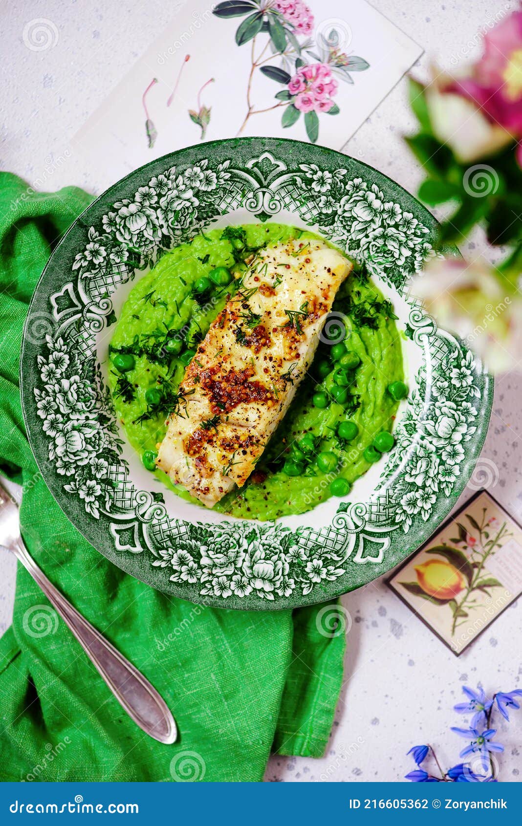 sauteed cod with pea cream..style rustic