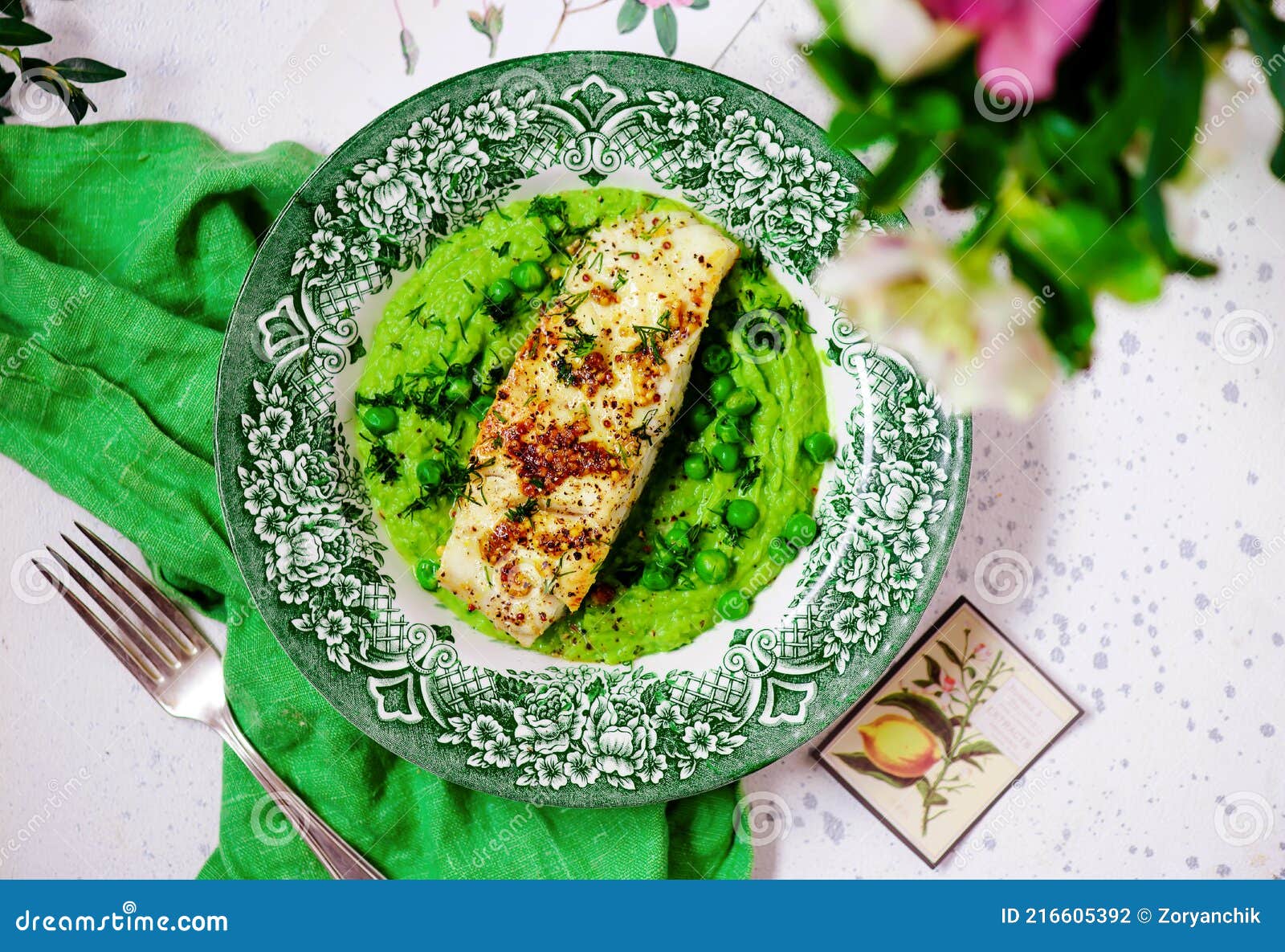 sauteed cod with pea cream..style rustic