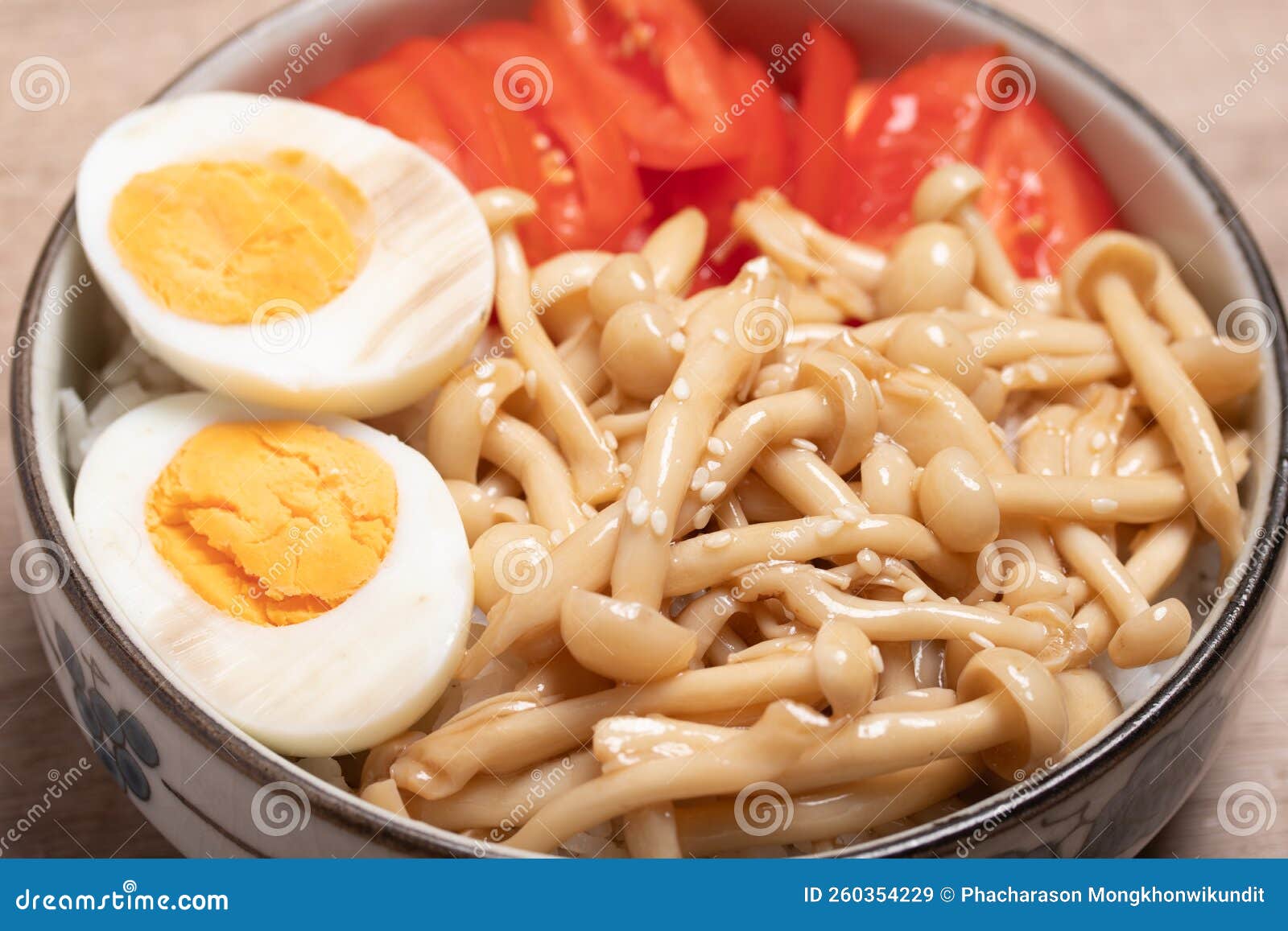 Sauteed Mushrooms with Boiled Eggs and Tomatoes Healthy Food Stock