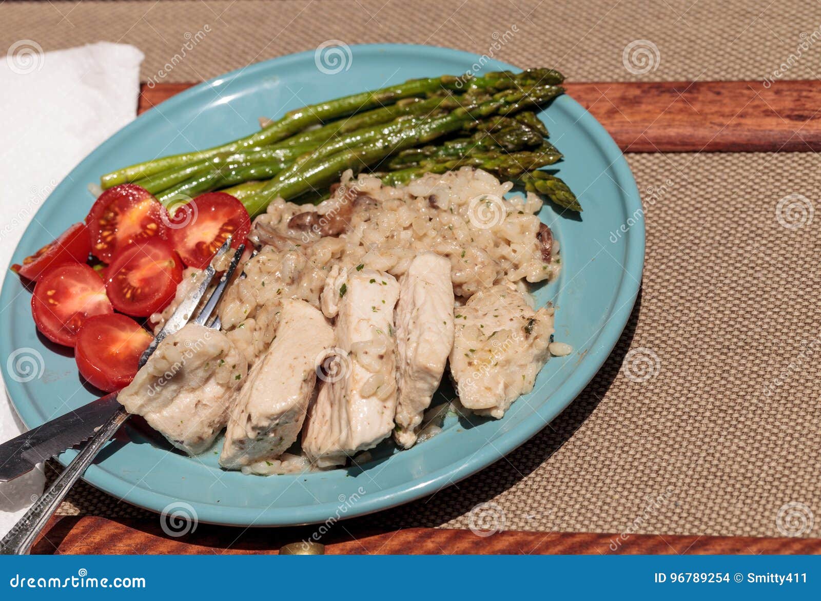 Sauteed Pork and Asparagus with Mushroom Risotto Stock Photo Image of