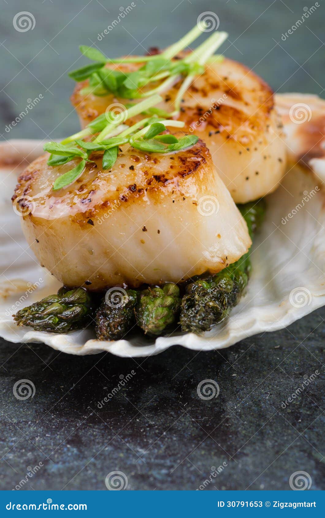 Sauteed Scallops on the Shell with Asparagus Stock Image Image of