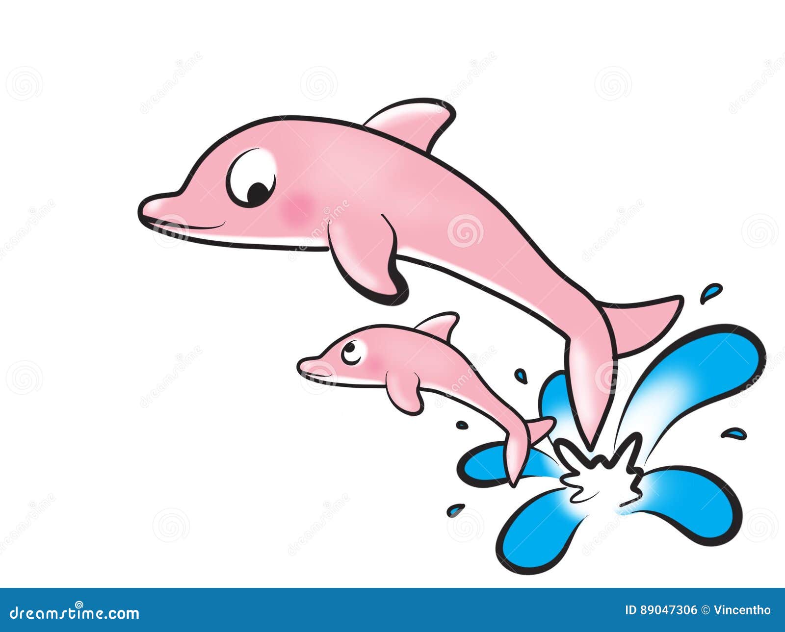 Sauter rose de deux dauphins de l'illustration de l'eau. Deux dauphins roses sautant de la mer d'océan