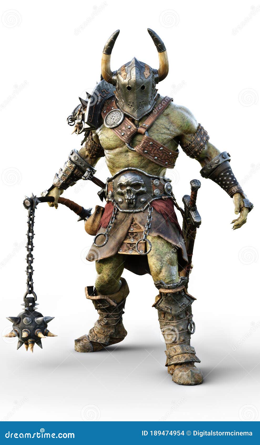 savage orc brute wearing traditional armor and equipped with a flail  . fantasy themed character on an white background.
