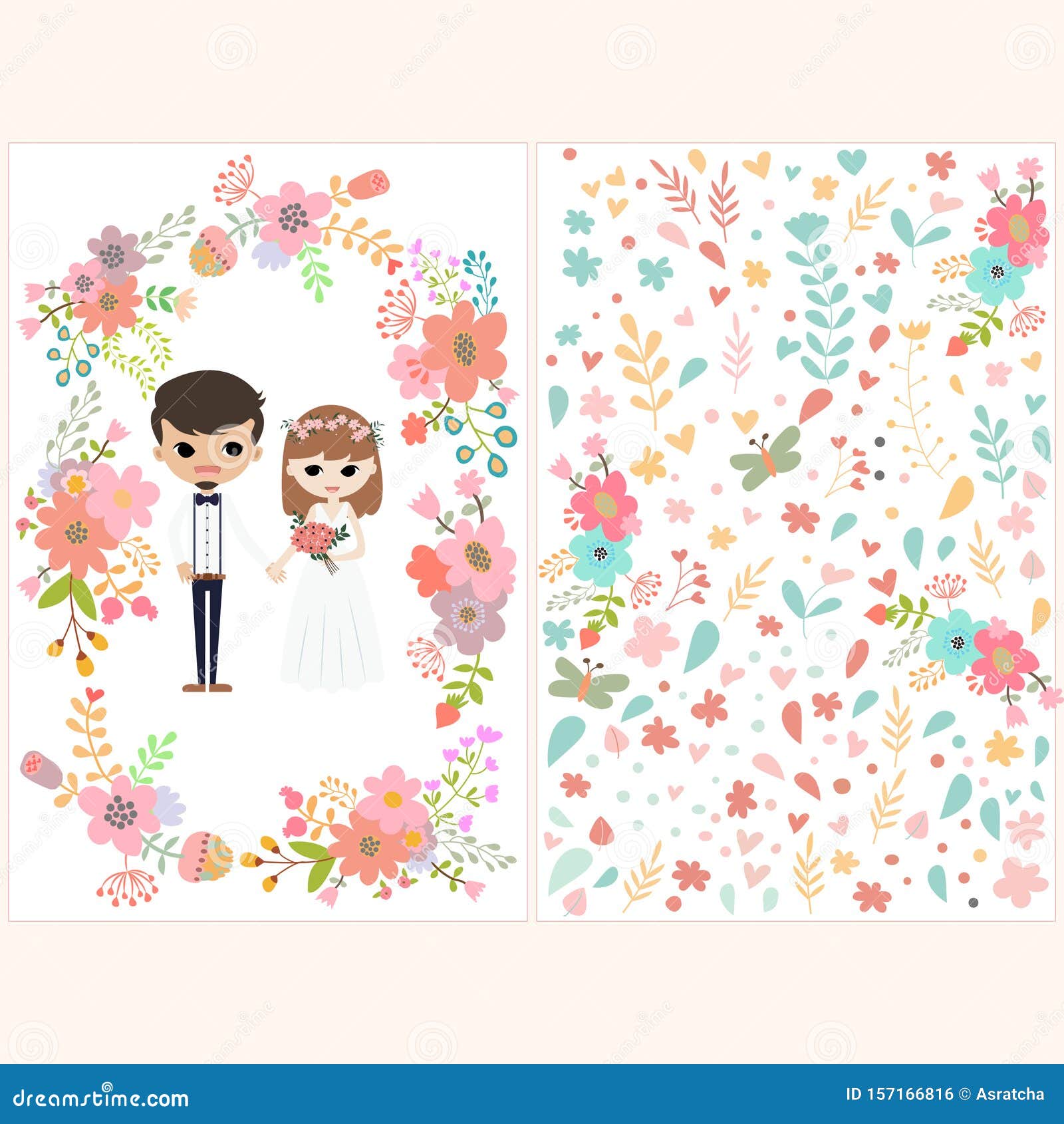 Cute Cartoon Couple Wedding Invitation Card in the Flower Frame, Chic and  Romantic Card Stock Illustration - Illustration of print, invitation:  157166816