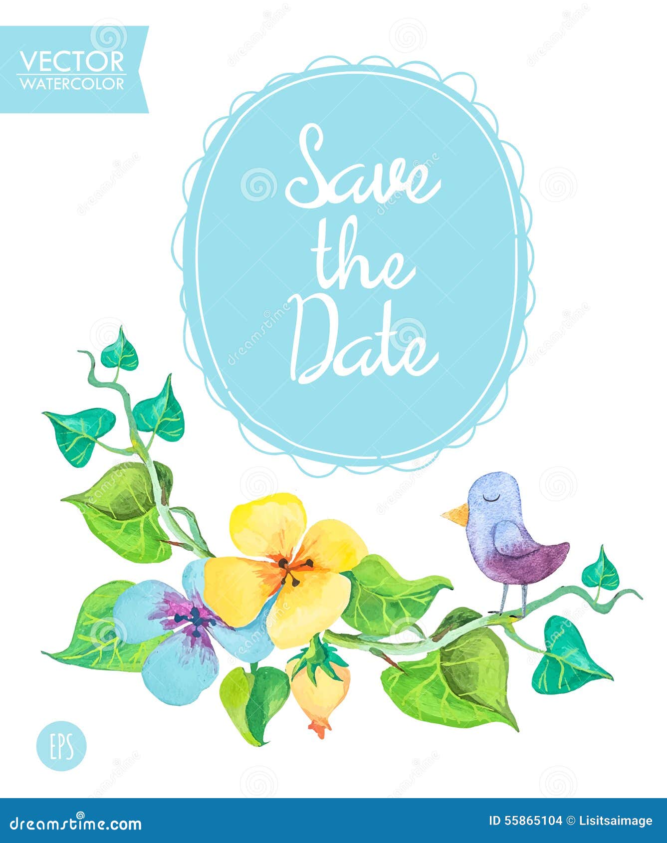 save the date card template with romantic summer flowers and cute bird.