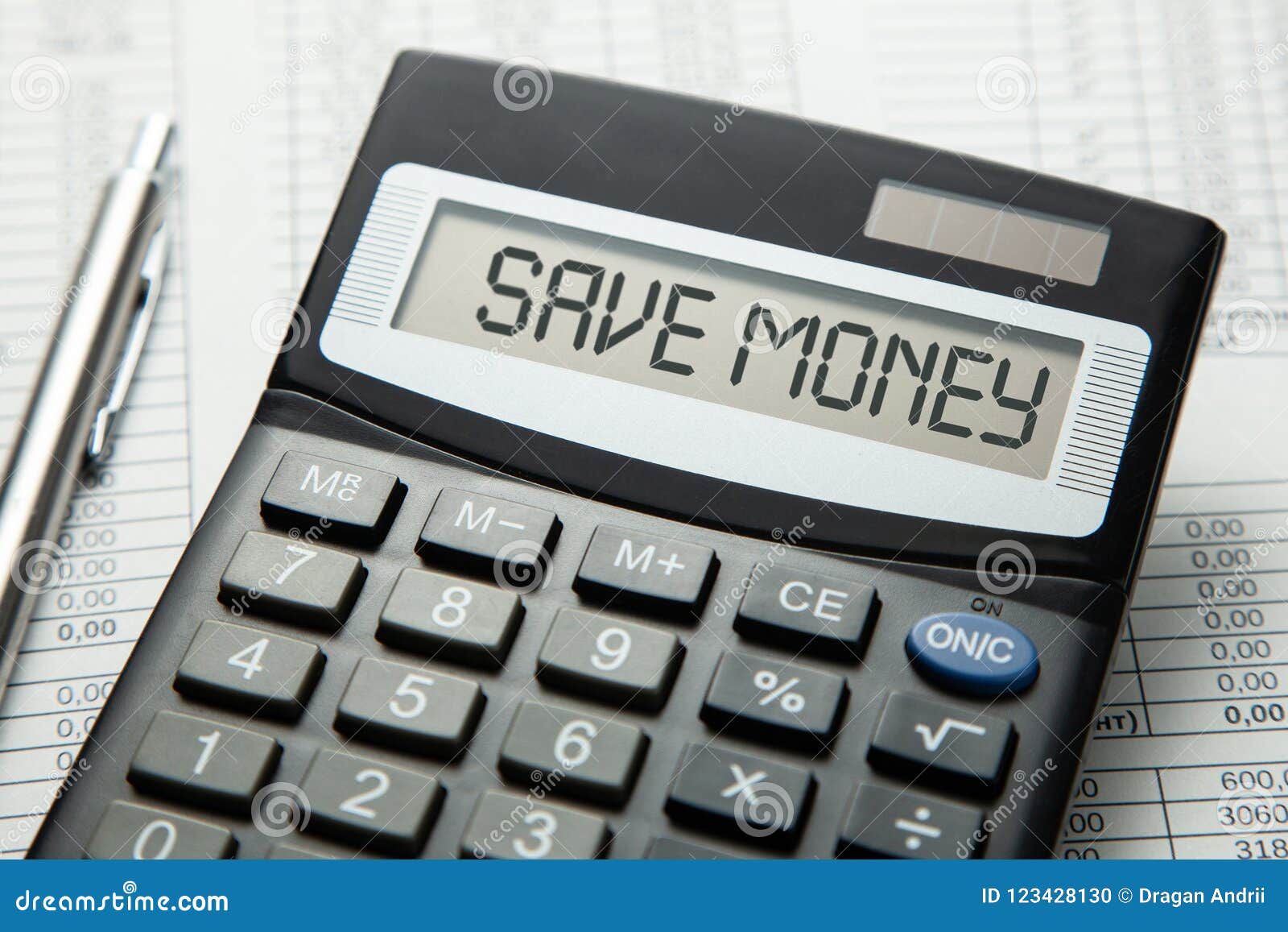 Save Money Inscription on the Display Calculator Stock Photo Image of coin, concept 123428130