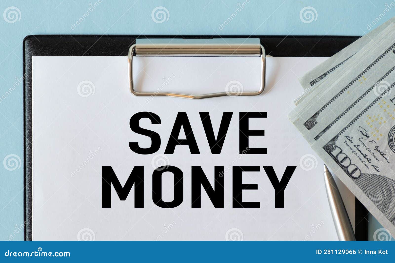 SAVE MONEY Text on a Sticker and Money with Blue Background Stock Photo