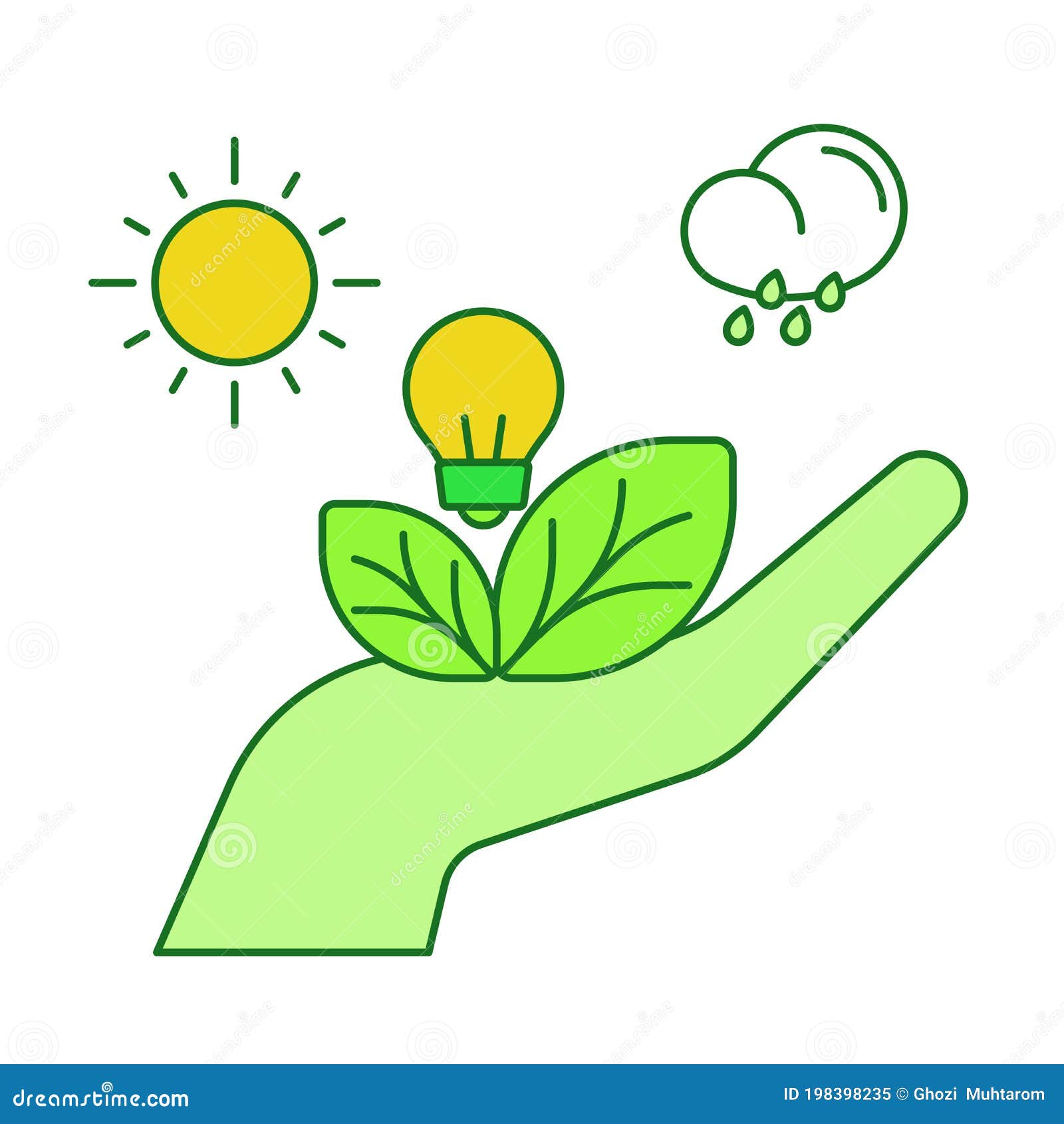 save nature resource concept hand hold leaf light bulb sun rain white  background with green theme flat outline