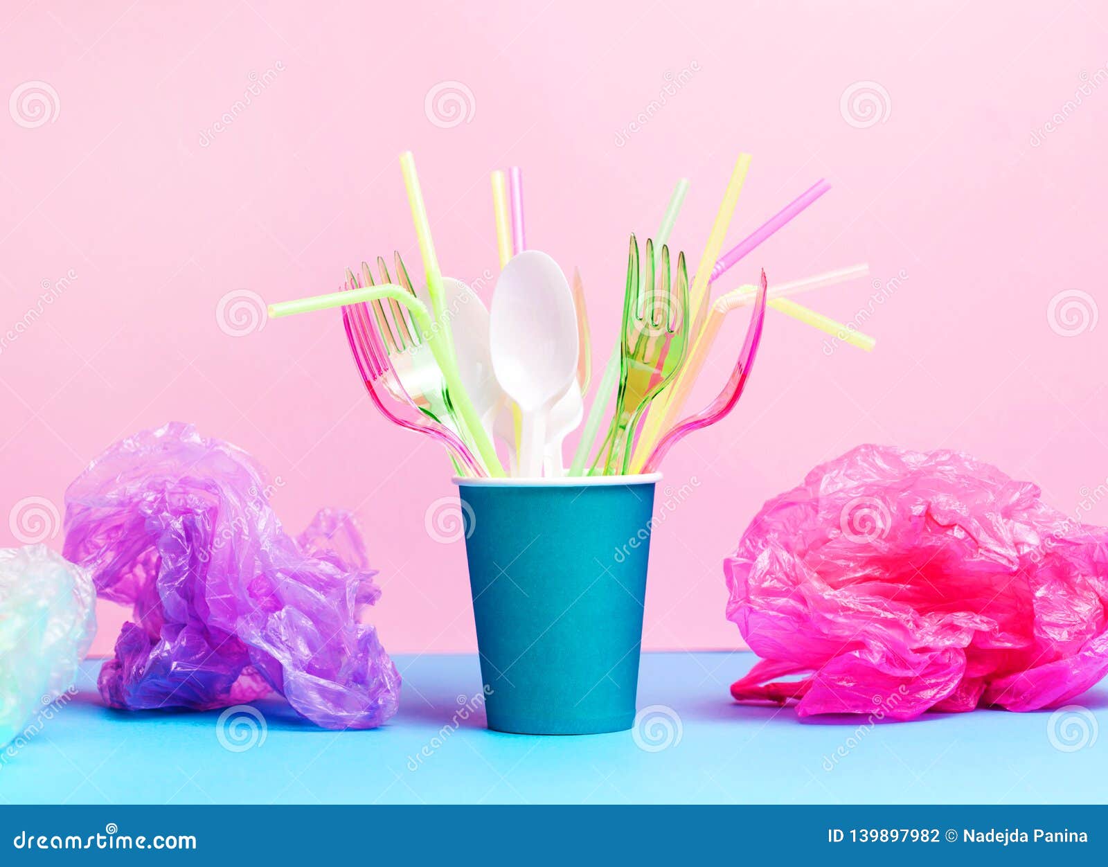 Save The Concept Plastic Cutlery, Plastic Bags And Garbage