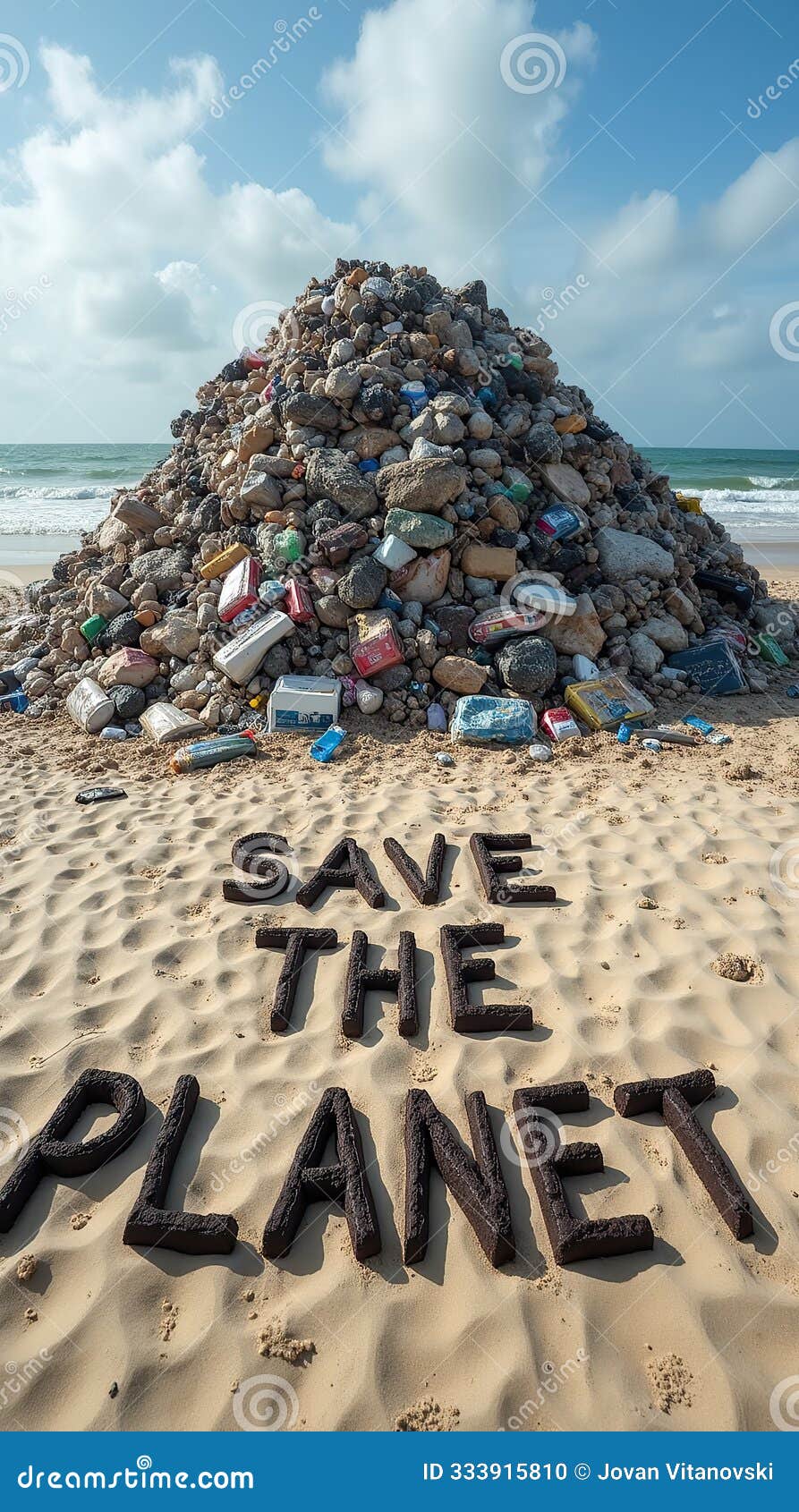 save the planet message with garbage pile on sandy beach