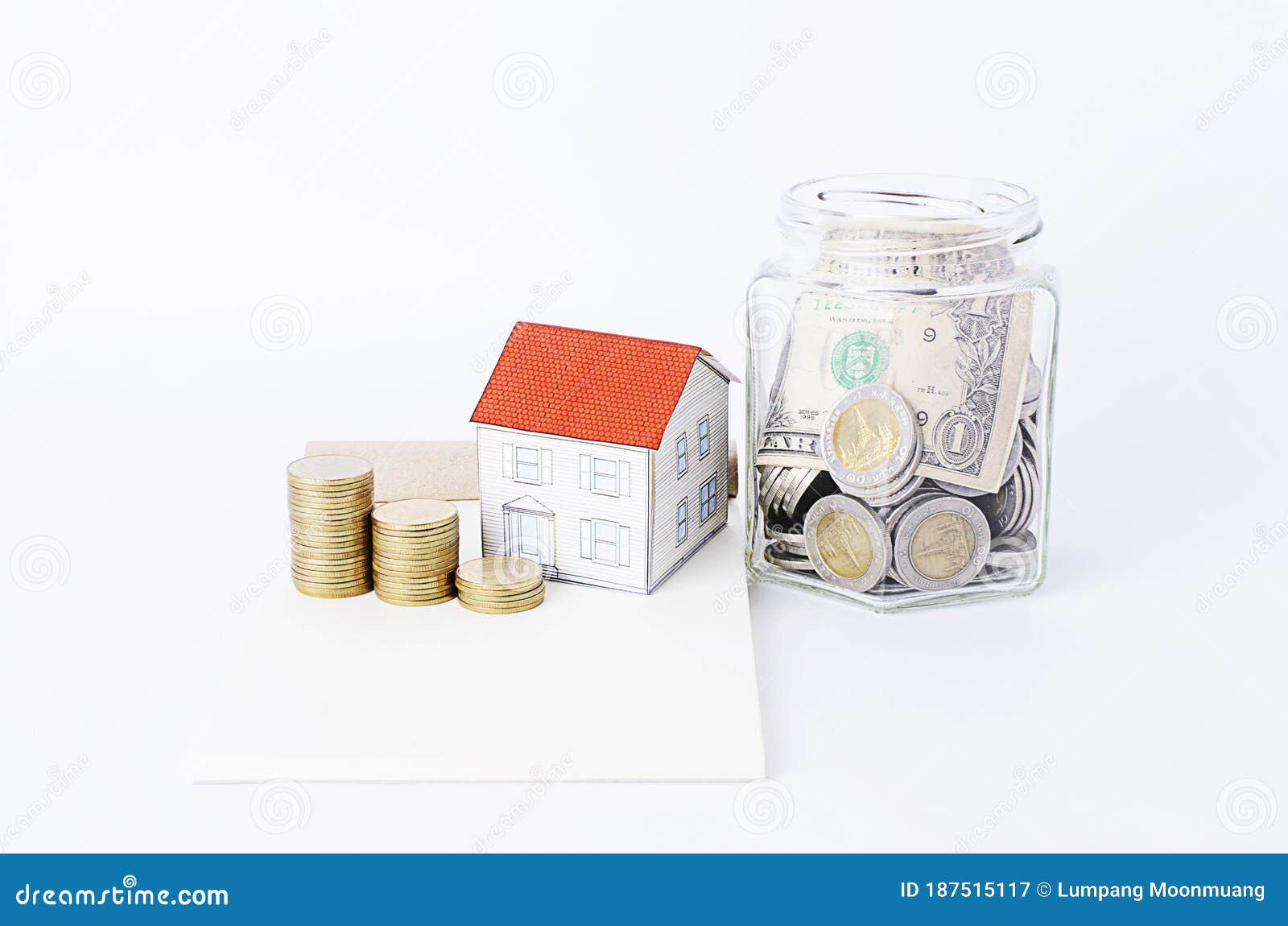 Saving Money with Glass Bottles and Paper House and Coins Stack Stock Image Image of capital