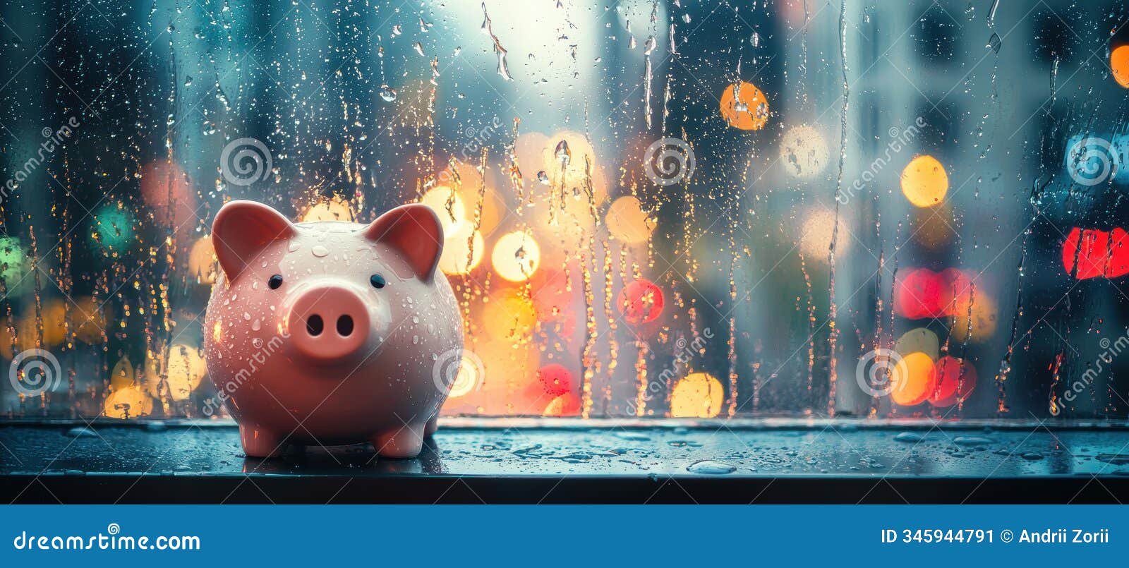 saving for a rainy day: piggy bank on windowsill with raindrops and cityscape in background