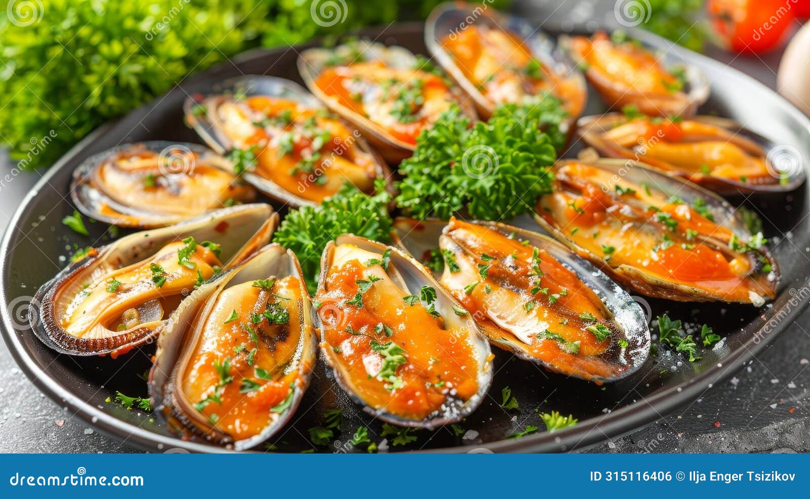 savor traditional mediterranean delicacy grilled mussels on stylish black plate