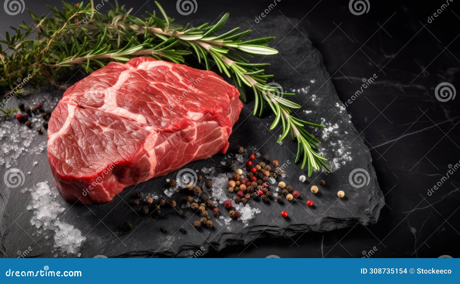 savory beef steak with spices on dark stone background