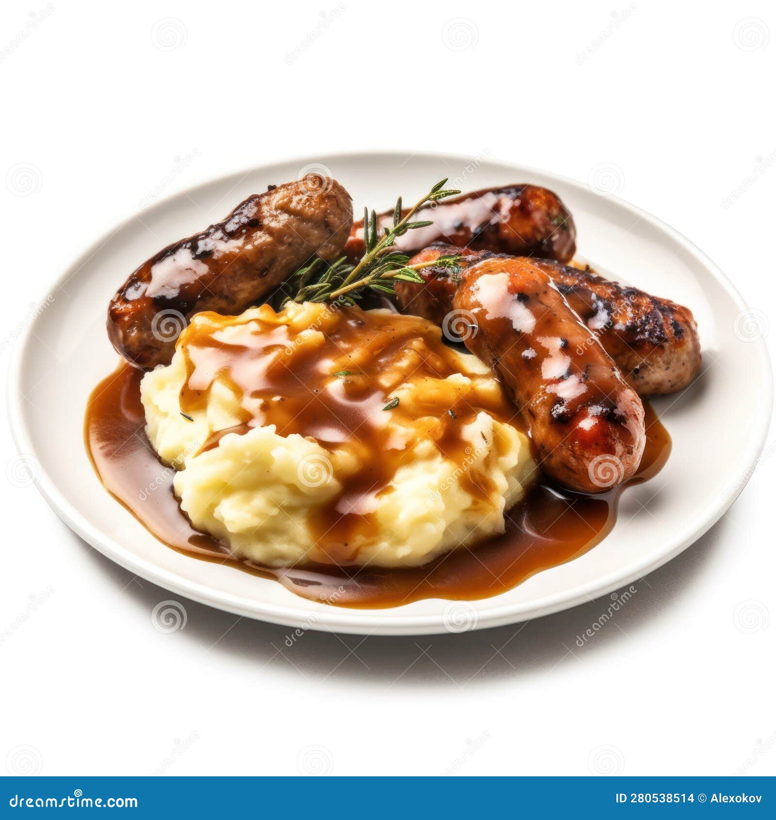 Savory British Bangers and Mash with Gravy on a Plate . Stock