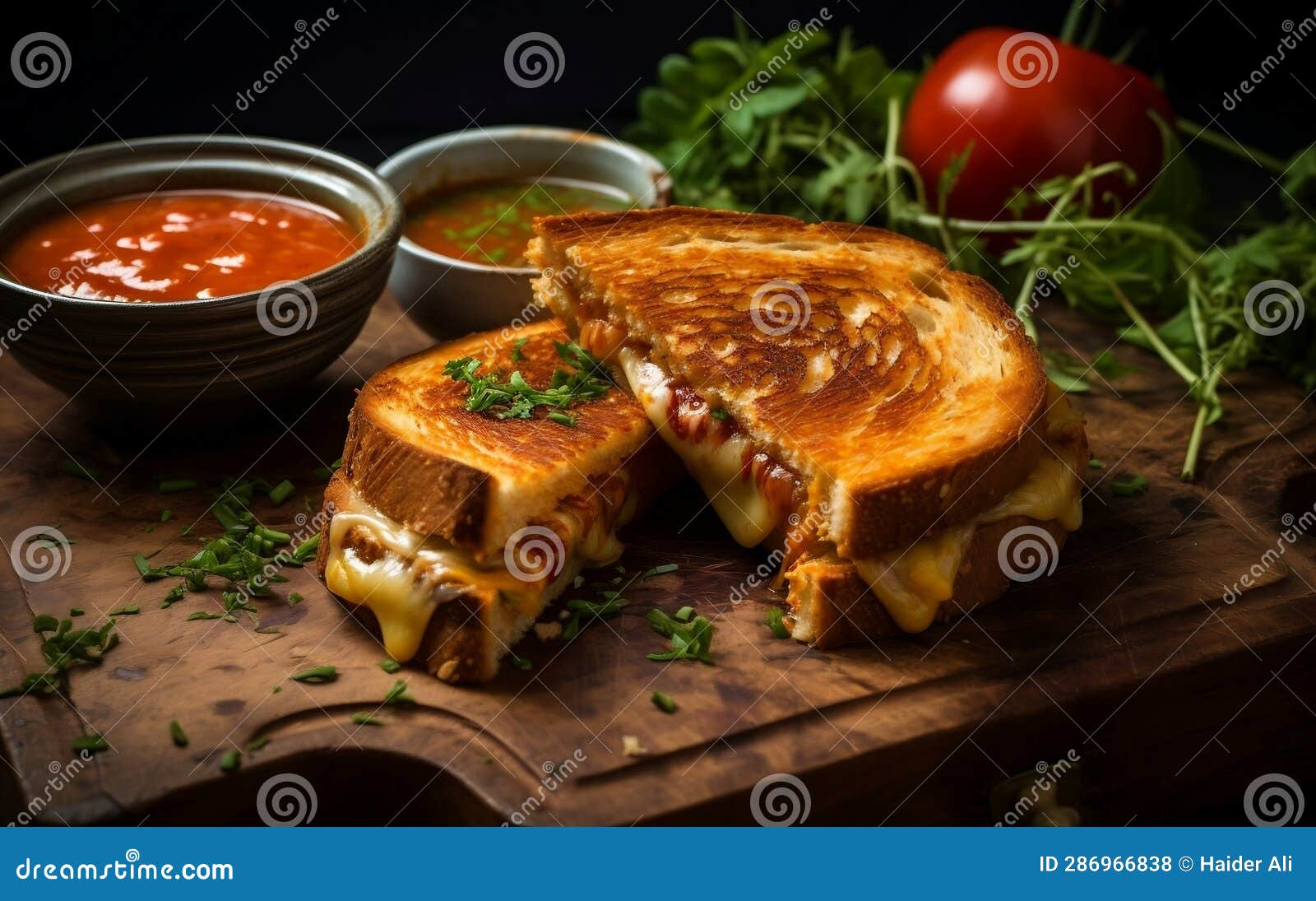 Savory Grilled Cheese and Tomato Soup Delight. Generative AI Stock