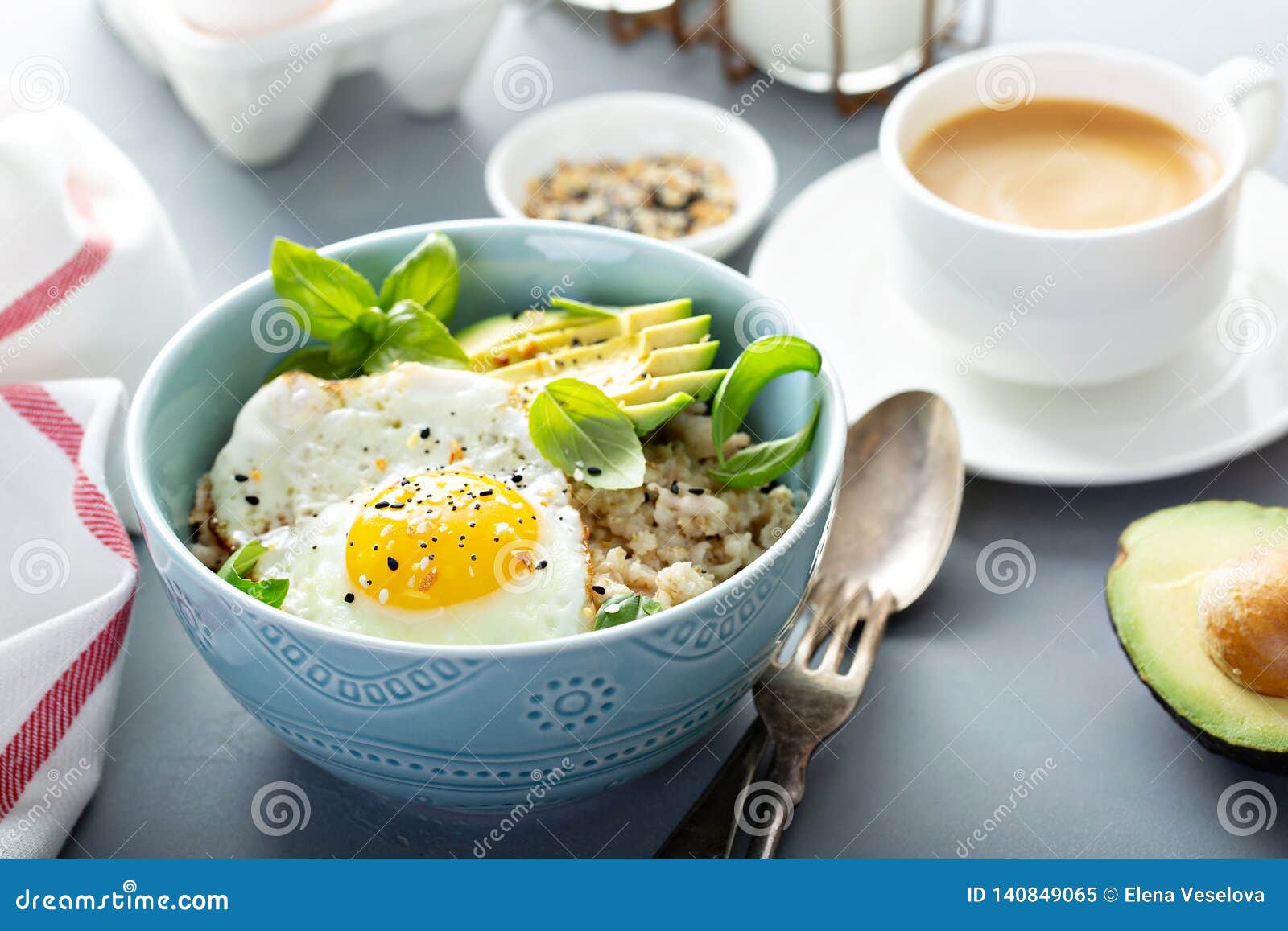 Savory Oatmeal with Egg and Avocado Stock Image Image of bowl