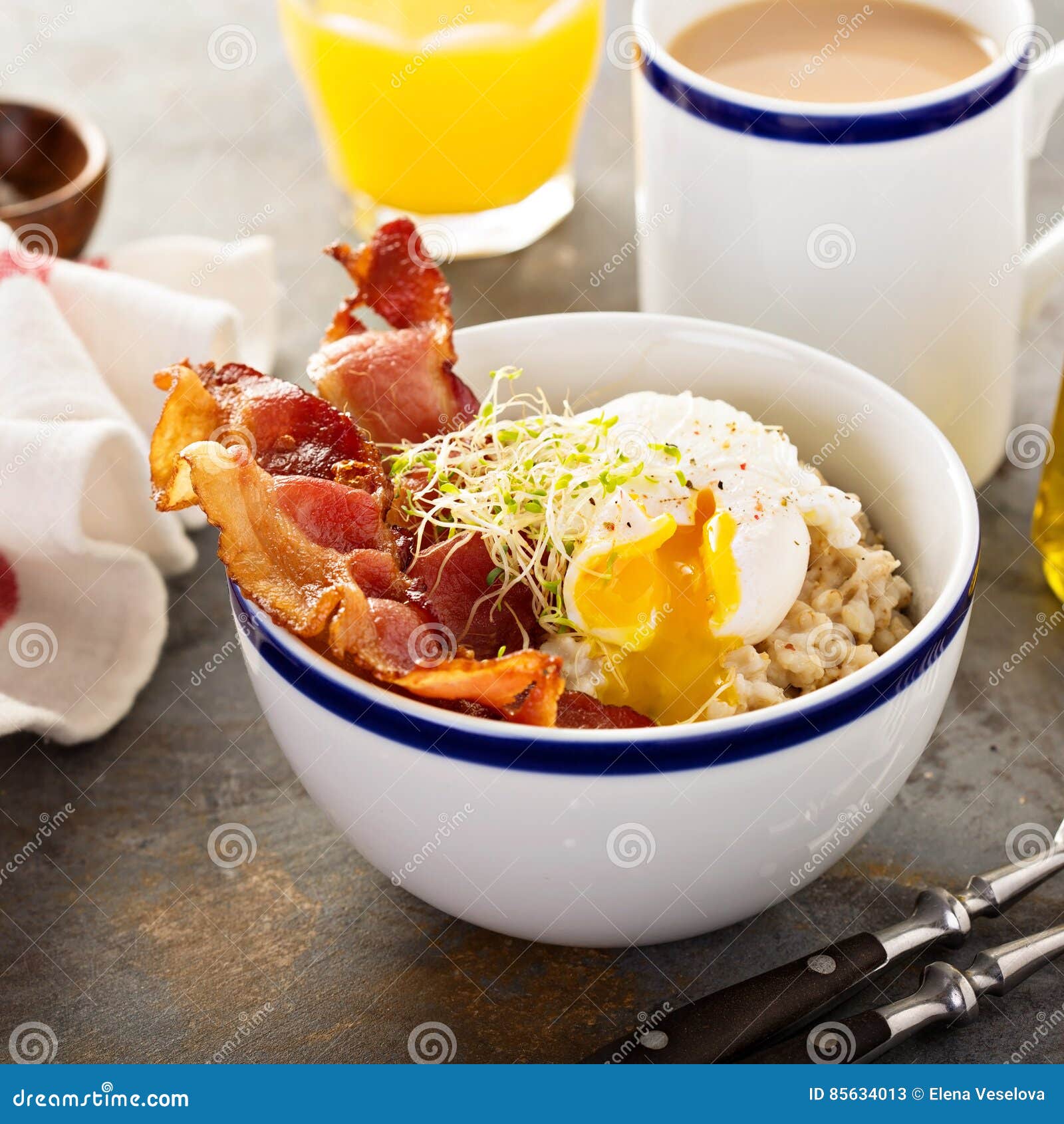 Savory Oatmeal Porridge with Egg and Bacon Stock Image Image of