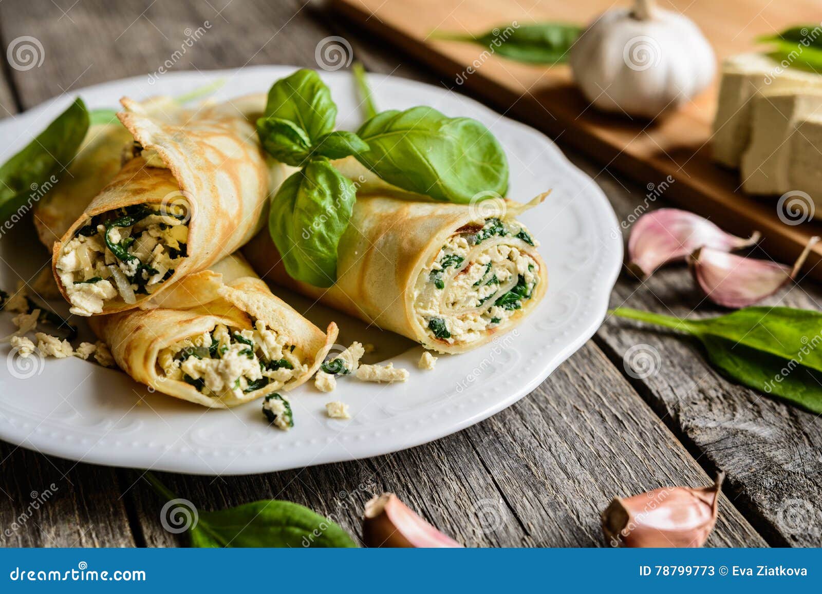 Savory Pancakes with Tofu, Spinach, Onion and Garlic Stock Image