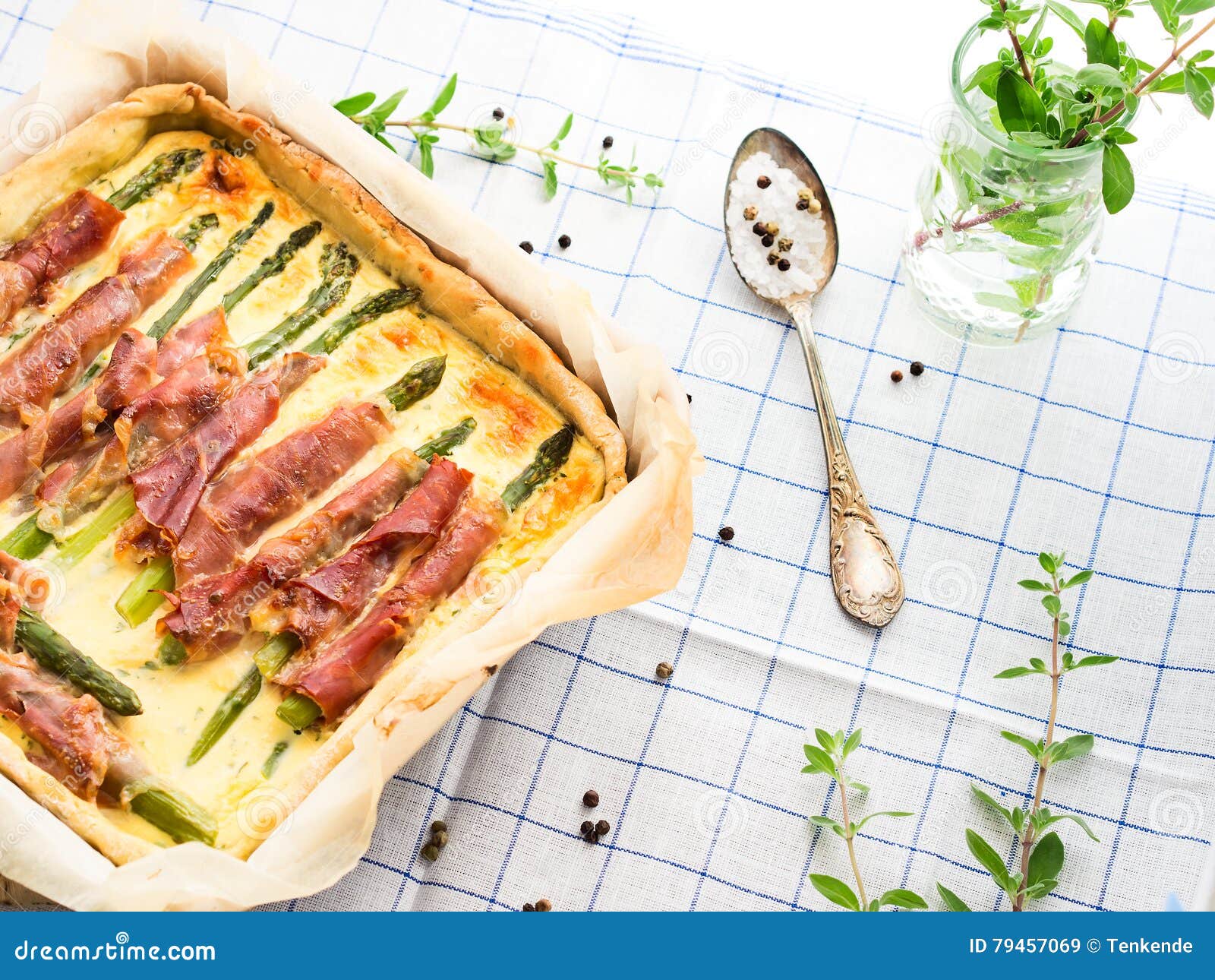 Savory Quiche Pie with Asparagus, Prosciutto and Marjoram Stock Image ...