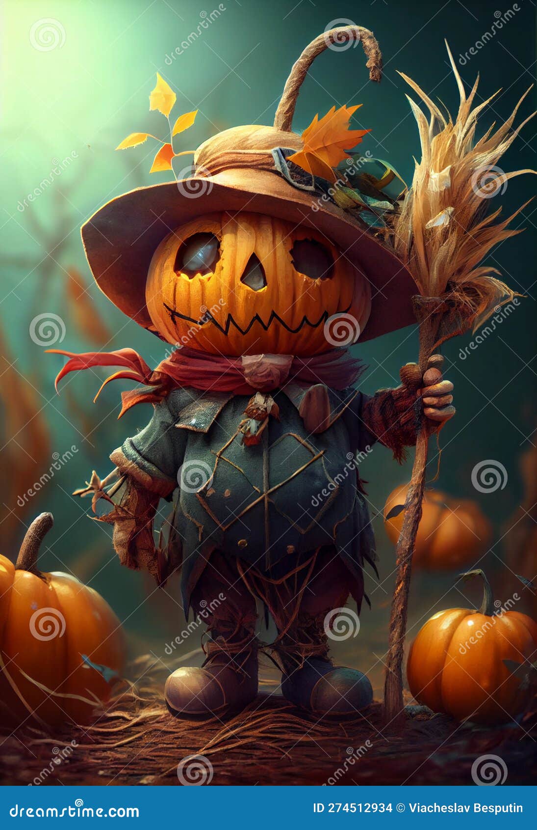 saw scarecrow for scaring away the varon. scarecrow with a pumpkin instead of the head.