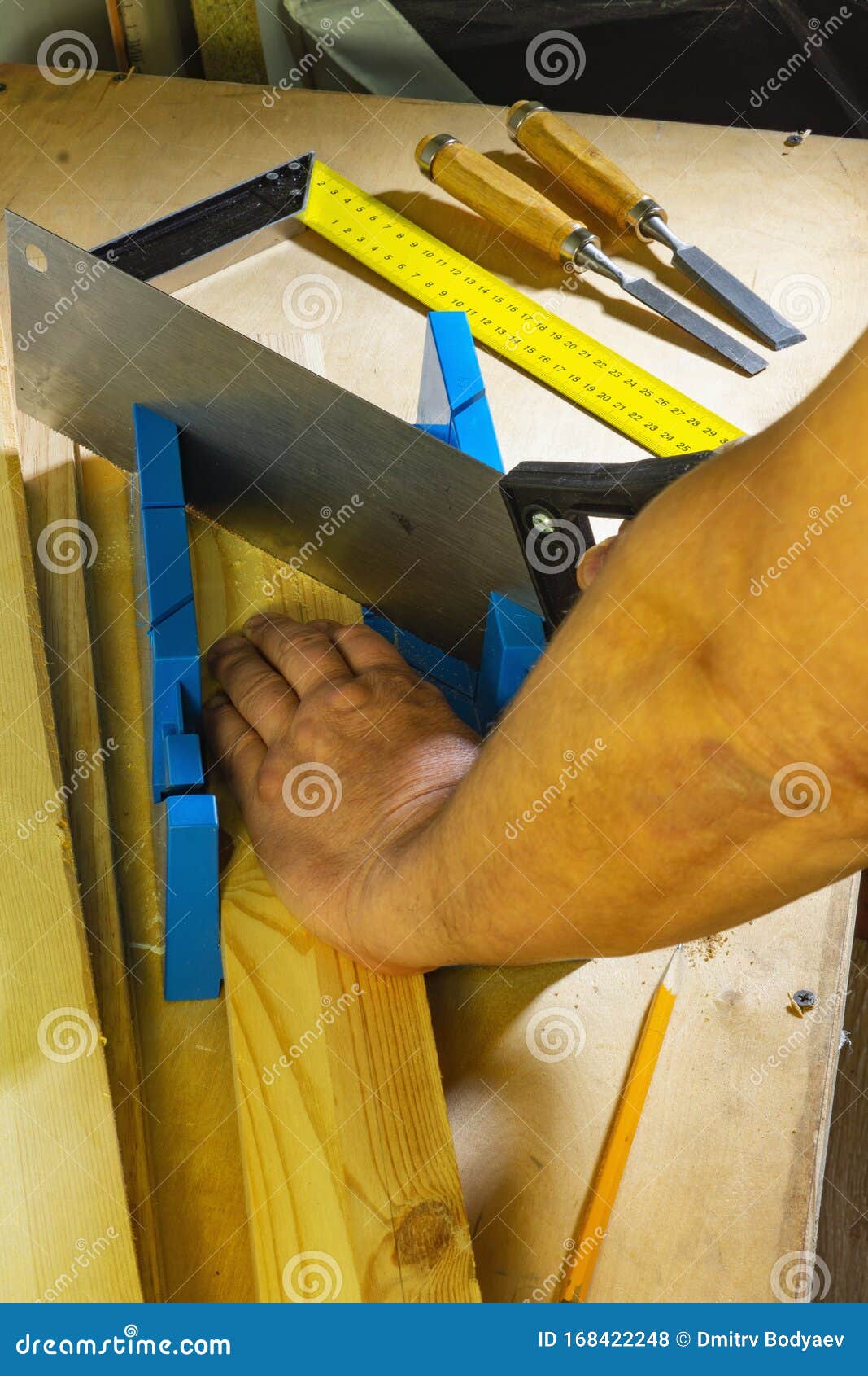 Miter Box and Hacksaw for Sawing Parts at an Angle Stock Photo Image