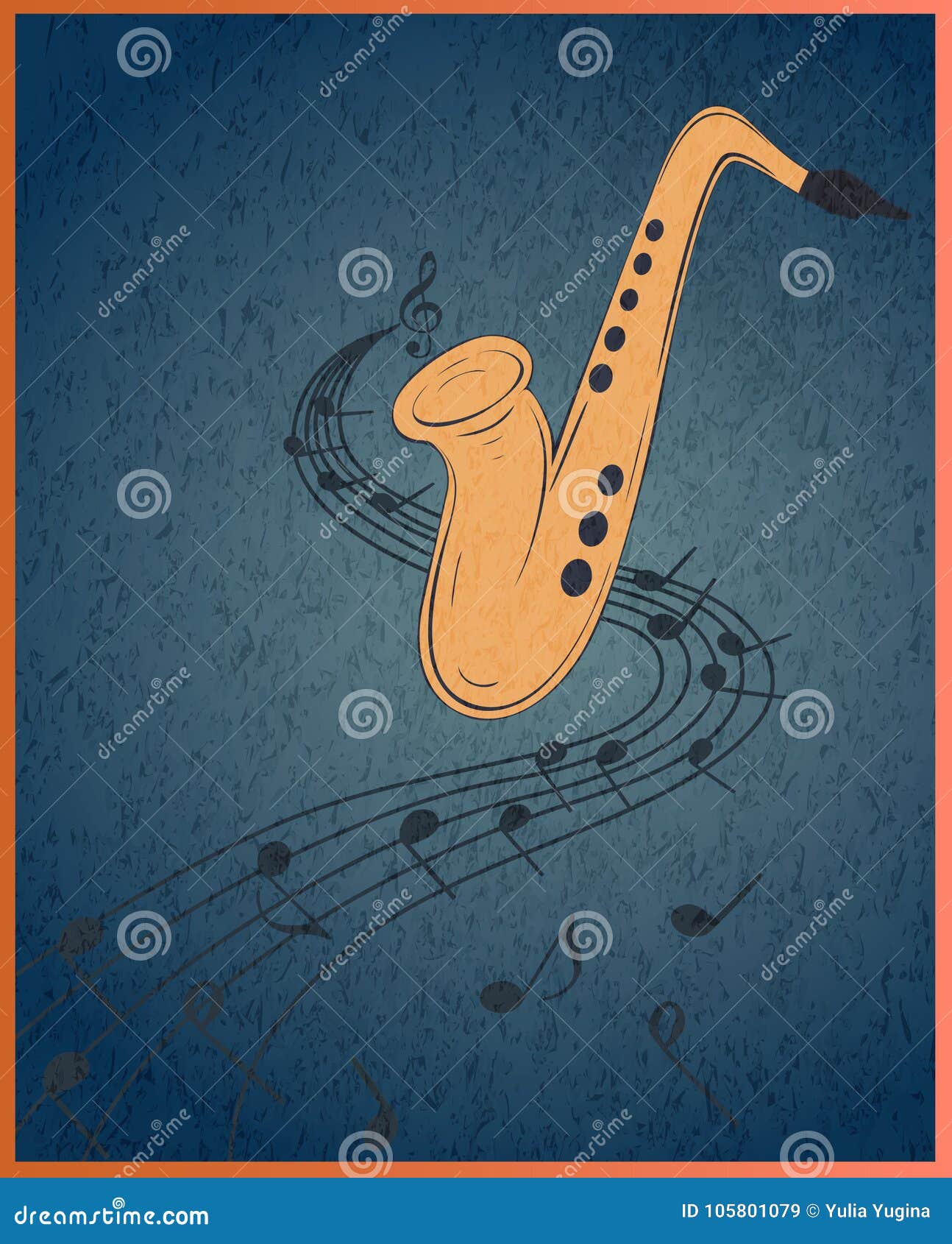Saxophone and Musical Notes on Blue Grunge Background Stock Vector