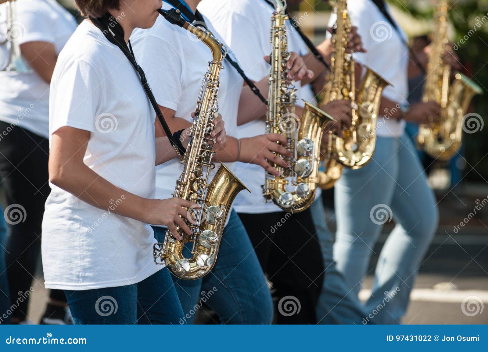 Saxophone players lined up editorial photography. Image of rows 97431022