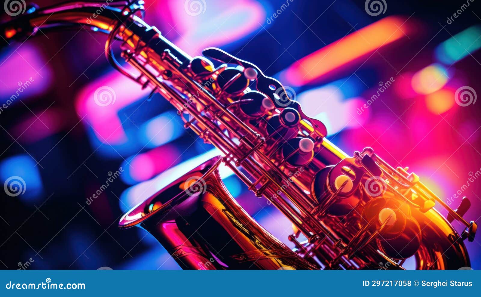 A Saxophone is Sitting on a Table in Front of Bright Lights, AI Stock